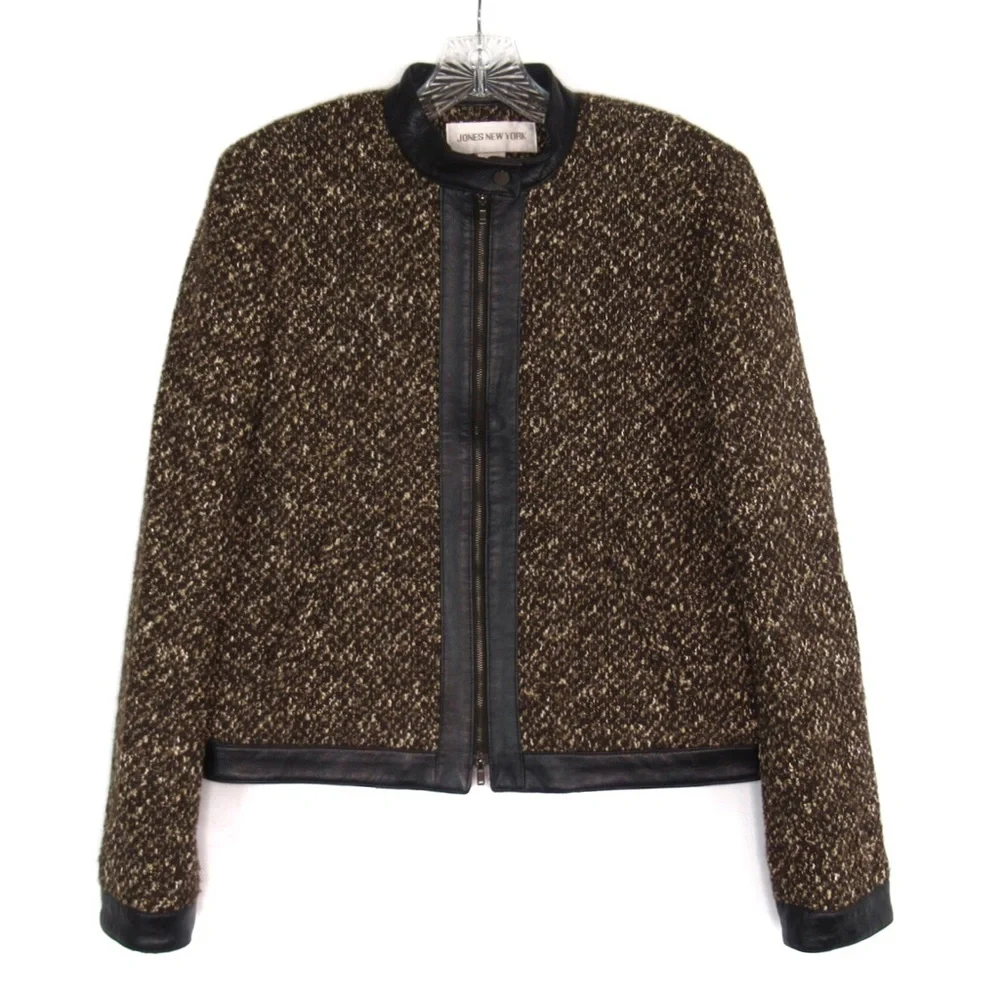 JONES NEW YORK Brown Vintage Leather & Tweed Zip Front Jacket Women’s Size 8